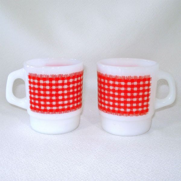 Pair Fire King Red Gingham Coffee Mugs #3