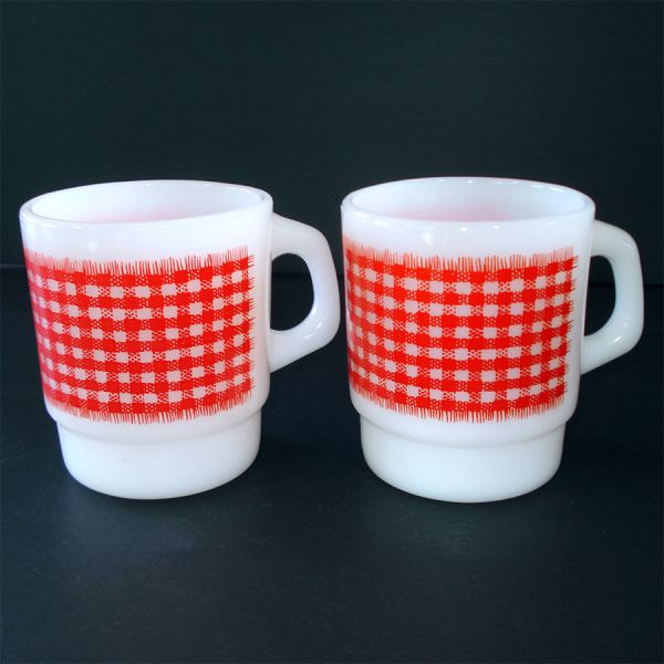 Pair Fire King Red Gingham Coffee Mugs