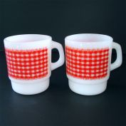 Pair Fire King Red Gingham Coffee Mugs