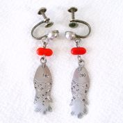 Mexico Sterling Silver Fish Screw Back Earrings