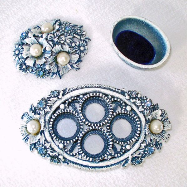 Florenza Jeweled Denim Blue Lipstick Holder Trinket Box Set