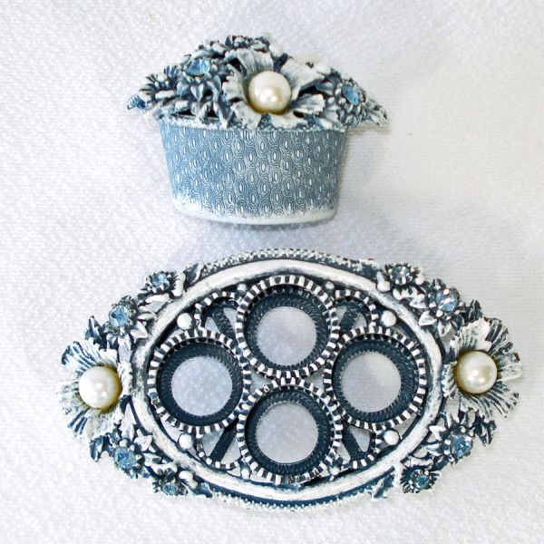 Florenza Jeweled Denim Blue Lipstick Holder Trinket Box Set #2
