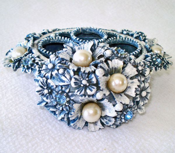 Florenza Jeweled Denim Blue Lipstick Holder Trinket Box Set #3