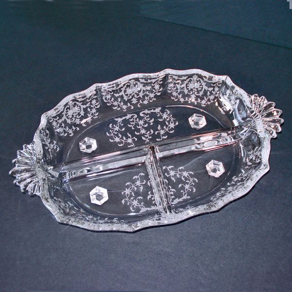 Fostoria Navarre Etched Crystal 3 Section Relish Dish Mint