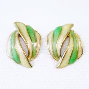 Enameled Green and Cream Double Wing Clip Earrings