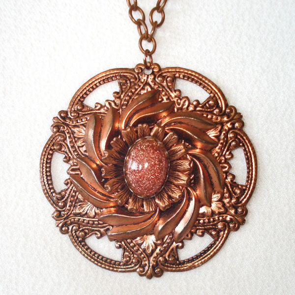 Goldstone and Copper Flower Medallion Necklace and Earrings #2