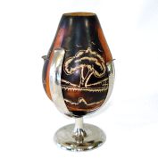 Carved Yerba Mate Gourd Cup With Holder Patagonian Folk Art Souvenir