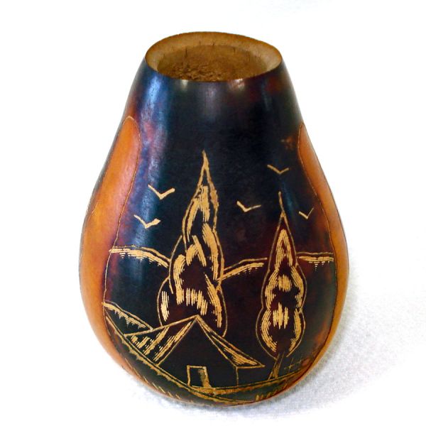 Carved Yerba Mate Gourd Cup With Holder Patagonian Folk Art Souvenir #3