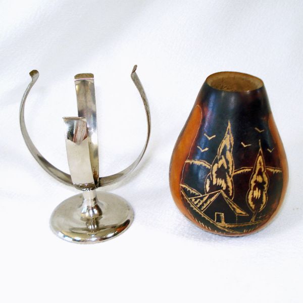 Carved Yerba Mate Gourd Cup With Holder Patagonian Folk Art Souvenir #5