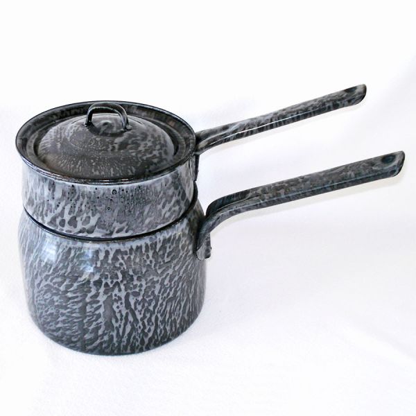 Antique Graniteware Double Boiler Leopard Print Gray