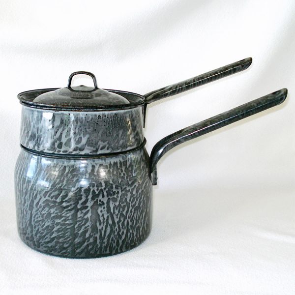 Antique Graniteware Double Boiler Leopard Print Gray #2