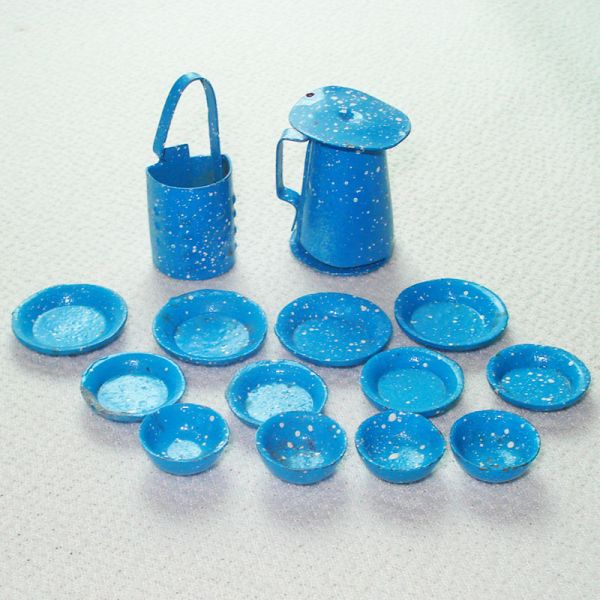 Miniature Dollhouse Graniteware Dishes, Grater, Coffee Pot 15 Pieces