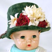Moss Green Felted Wool Bucket Doll Hat With Flowers and Bow