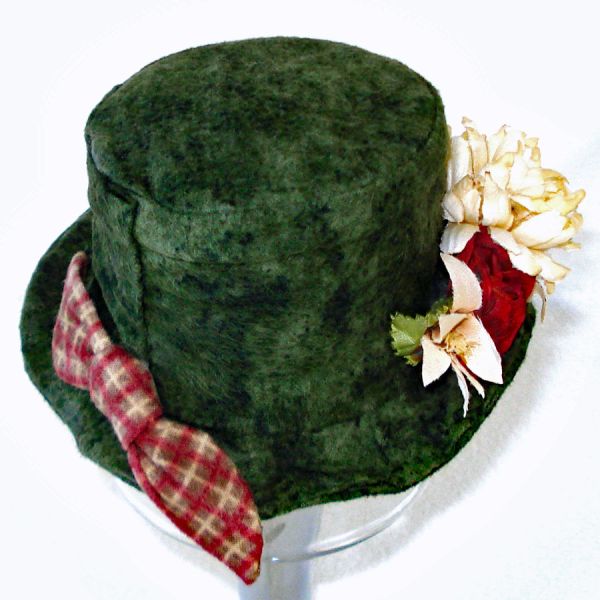 Moss Green Felted Wool Bucket Doll Hat With Flowers and Bow #3