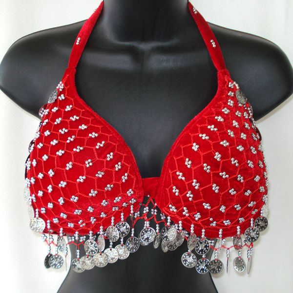 Red Velvet Belly Dance Halter Bra Silver Beads and Coins