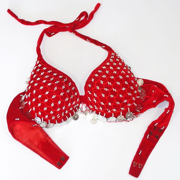 Red Velvet Belly Dance Halter Bra Silver Beads and Coins #3