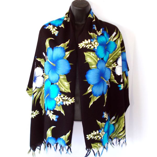Bold Hibiscus Flower Blue on Black Tropical Scarf Beach Wrap