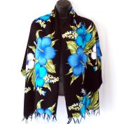 Bold Hibiscus Flower Blue on Black Tropical Scarf Beach Wrap