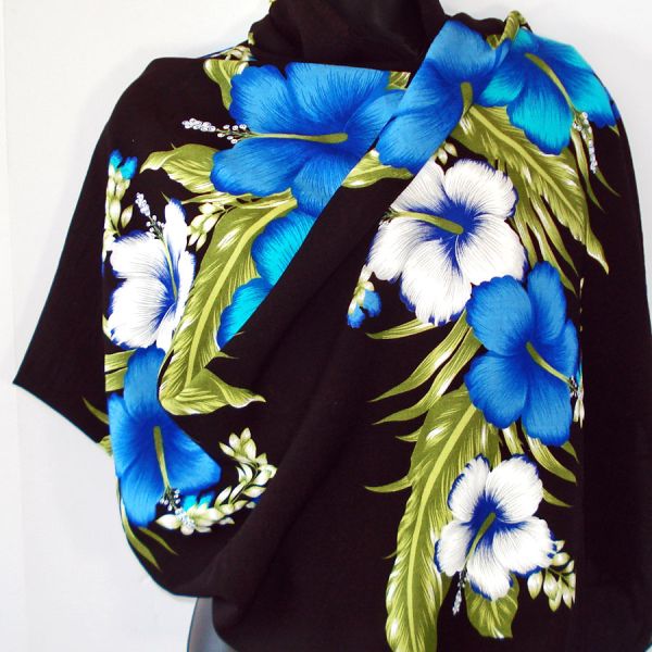 Bold Hibiscus Flower Blue on Black Tropical Scarf Beach Wrap #2