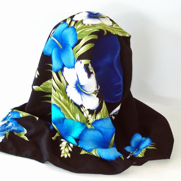 Bold Hibiscus Flower Blue on Black Tropical Scarf Beach Wrap #3