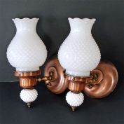 Pair Copper Hobnail Milk Glass Electric Wall Sconces Mid Century