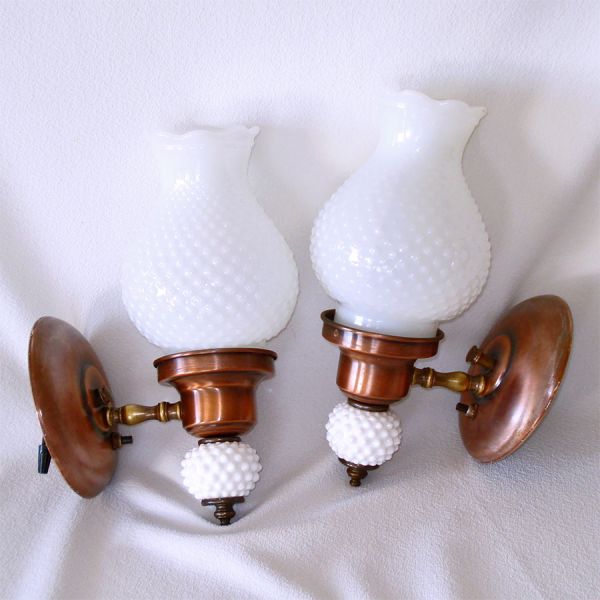 Pair Copper Hobnail Milk Glass Electric Wall Sconces Mid Century #2