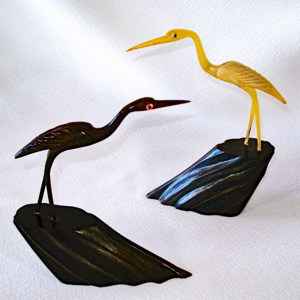 Carved Water Buffalo Horn Heron Egret or Heron Bird Sculptures