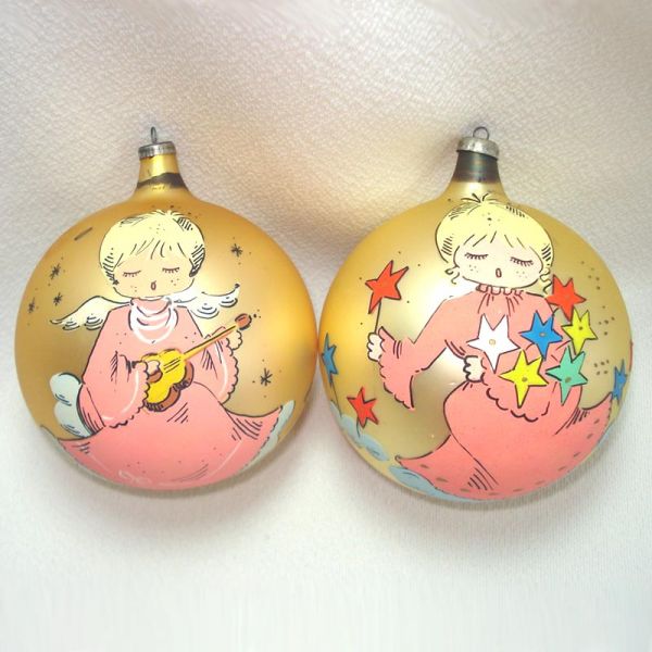 1960s Italy Large Glass Christmas Ornaments Painted Pink Angels