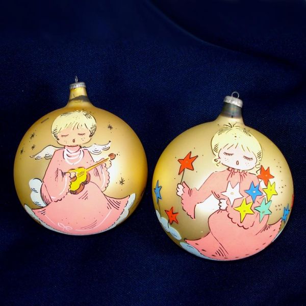 1960s Italy Large Glass Christmas Ornaments Painted Pink Angels #2