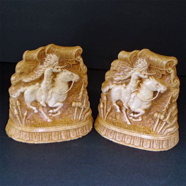 Native American Indian on Horseback Composition Bookends Dated 1947 #4