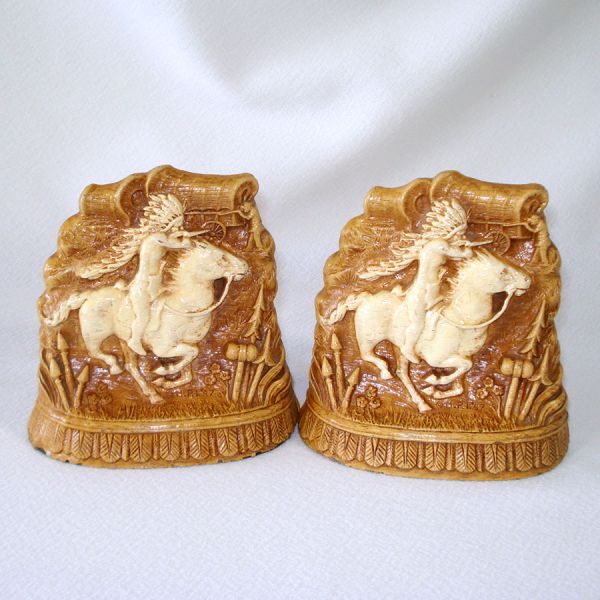 Native American Indian on Horseback Composition Bookends Dated 1947