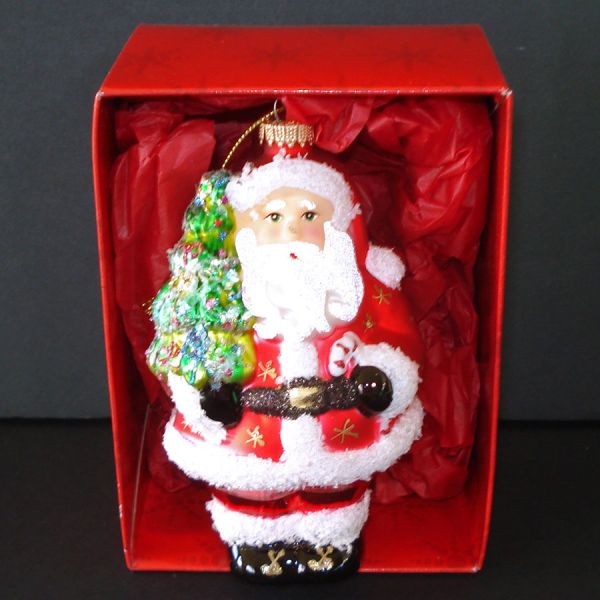Krebs Glass Santa Claus With Tree Christmas Ornament in Box