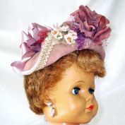 Fancy Lavender Doll Hat Flowers Ribbons Ostrich Feather