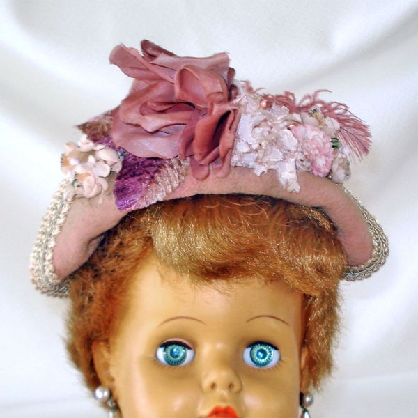 Fancy Lavender Doll Hat Flowers Ribbons Ostrich Feather #2