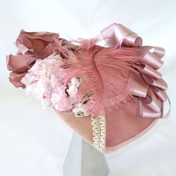 Fancy Lavender Doll Hat Flowers Ribbons Ostrich Feather #3