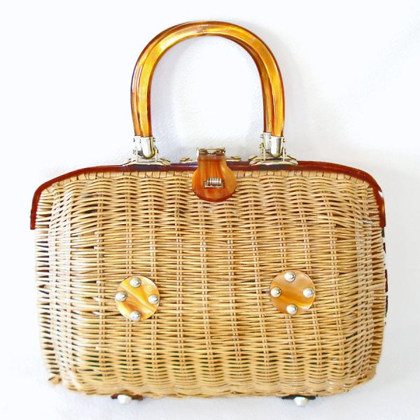 Woven Wicker Handbag Purse Swirled Lucite Trim #2