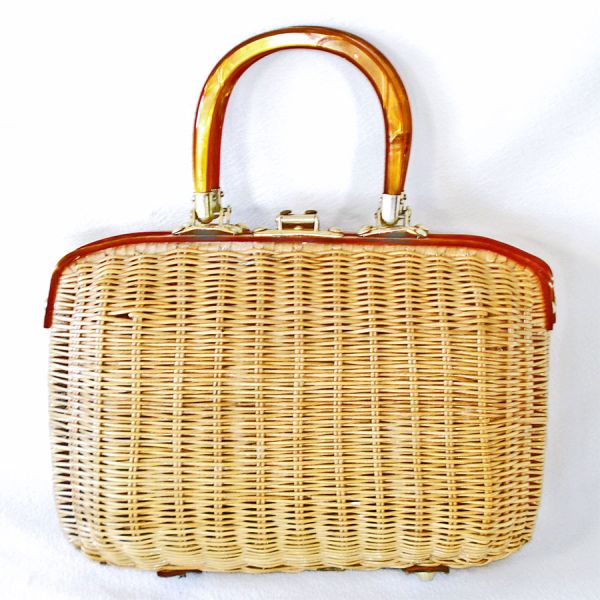 Woven Wicker Handbag Purse Swirled Lucite Trim #3