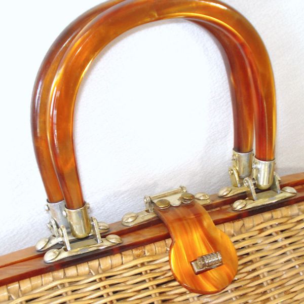 Woven Wicker Handbag Purse Swirled Lucite Trim #5