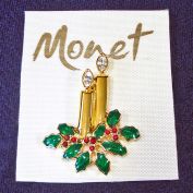 Monet Christmas Candles Rhinestones Brooch Pin on Card