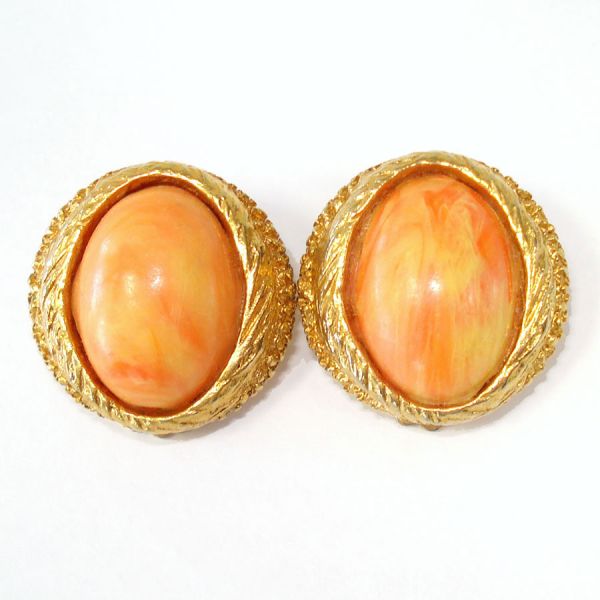 Orange Yellow Cabochon Clip Earrings in Goldtone Oval Setting