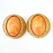 Orange Yellow Cabochon Clip Earrings in Goldtone Oval Setting
