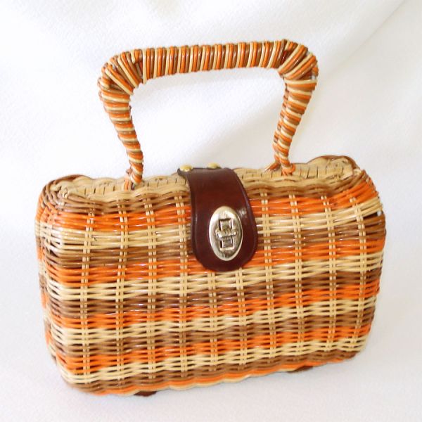 Mid Century Vinyl Wicker Purse Handbag Earthtone Stripes