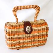 Mid Century Vinyl Wicker Purse Handbag Earthtone Stripes