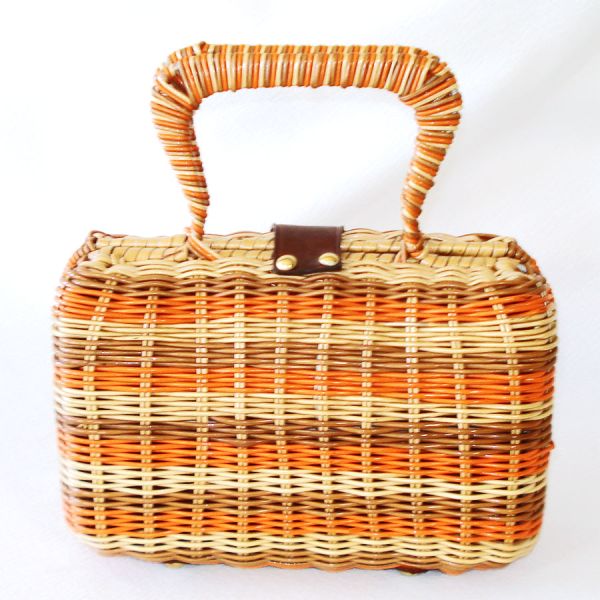 Mid Century Vinyl Wicker Purse Handbag Earthtone Stripes #2