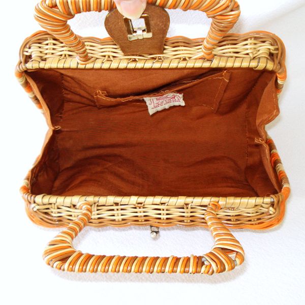 Mid Century Vinyl Wicker Purse Handbag Earthtone Stripes #3