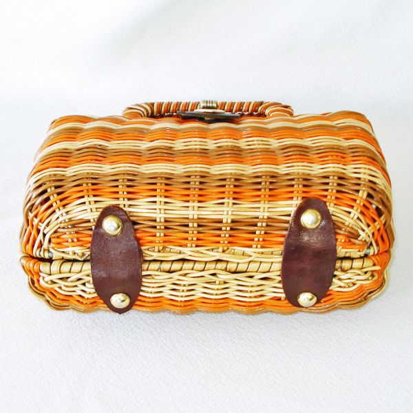 Mid Century Vinyl Wicker Purse Handbag Earthtone Stripes #4