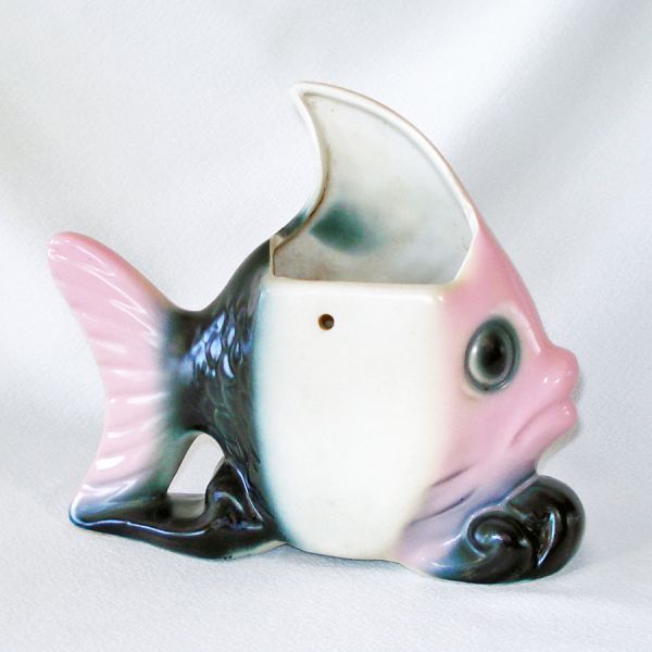 Pink Black Angel Fish Pottery Wall Pocket Planter #2