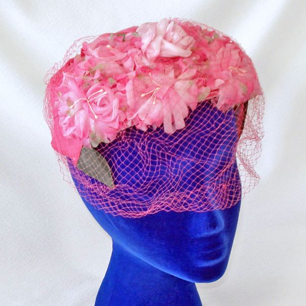 Bright Pink Flowers Close Fitting Fascinator Hat With Veil #2