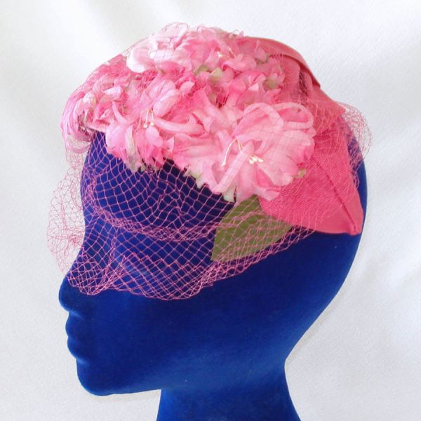 Bright Pink Flowers Close Fitting Fascinator Hat With Veil #3