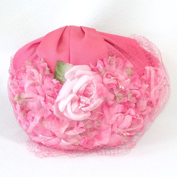 Bright Pink Flowers Close Fitting Fascinator Hat With Veil #5